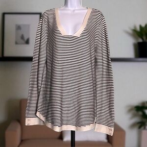 Talbots Black & White Striped Sweater. Stretch, Deep V-Neck. Size L